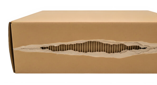 Damaged brown cardboard box with torn corrugated cardboard on transparent background
