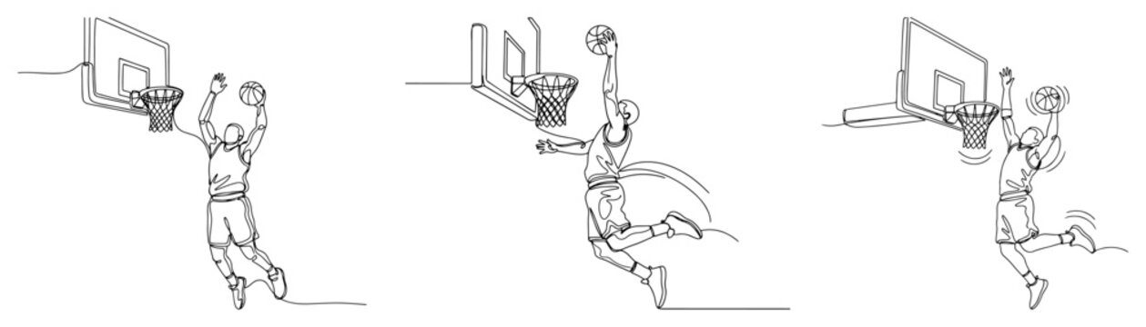 Basketball players dunking ball set, one continuous line art vector, sport action and competition concept, athlete jumping to hoop