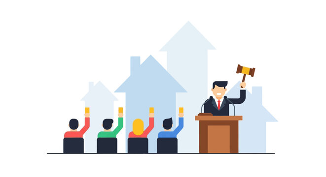 Auctioneer selling houses, bidders raising hands, real estate sale concept