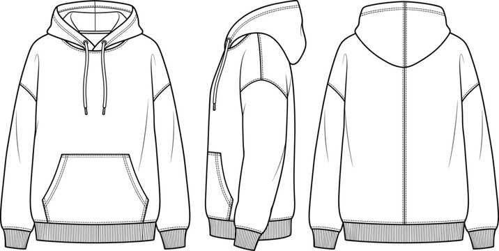 Minimalist black and white line drawing of hoodie with zipper and drawstrings on plain background
