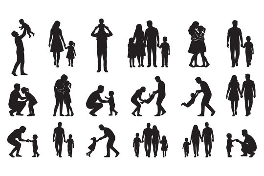 Family Silhouette Vector Collection &ndash; Parents and Children Black Clipart Set Isolated on White Background