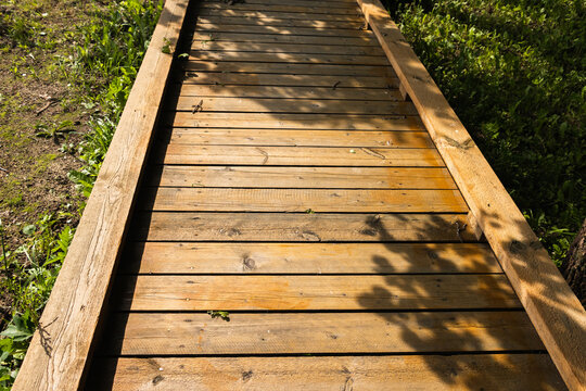 Sunlit wooden boardwalk texture detail