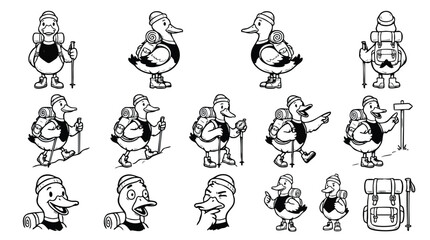 Fototapeta premium Cute Hiker Duck Character Vector Illustration Set