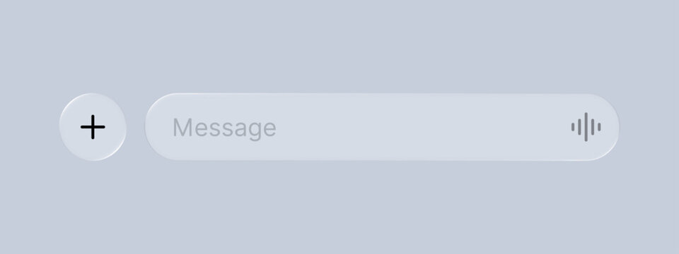 Message input field with glassmorphism effect. Liquid user interface design for web or mobile app communication. Digital chat area with rounded button and voice record icon element.