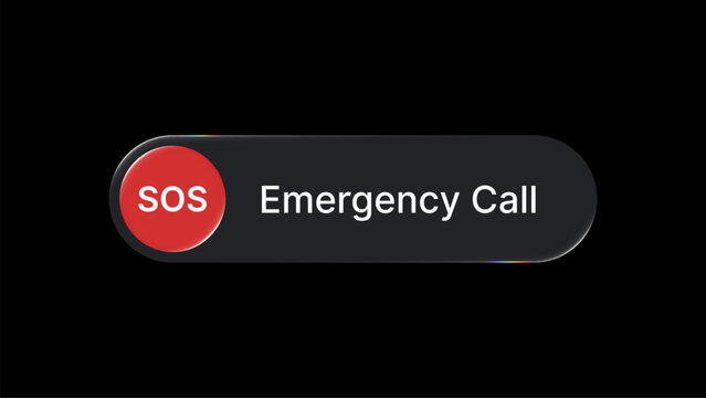 SOS emergency call button with liquid glass morphism effect. Digital interface element with red alert icon on dark background. Mobile application UI design for safety and rapid assistance.