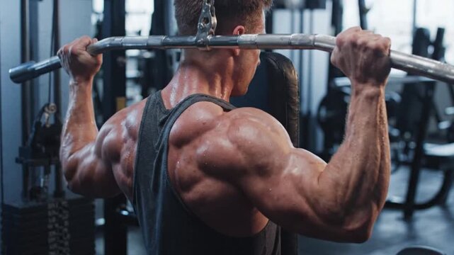 Muscular man performing lat pulldown exercise in a gym