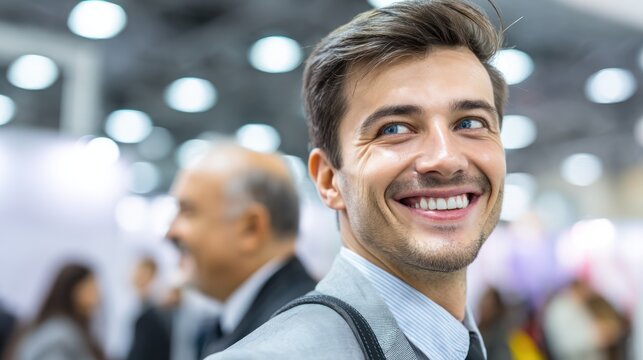 Smiling young man in formal wear looking to the side bokeh background
