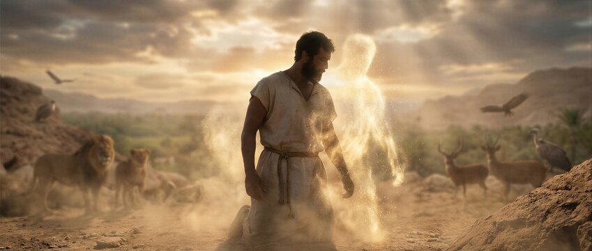 God breathing life into the first man made of dust in the desert. Biblical creation story from the Book of Genesis. Divine miracle, religious scene, spiritual concept of human soul. Banner with copy