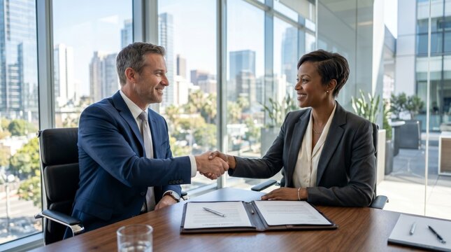 A Black woman and a Caucasian man shake hands in a modern office, symbolizing successful business collaboration.