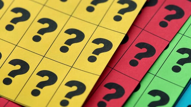 A close-up shot of colorful paper sheets divided into grids with printed black question marks.