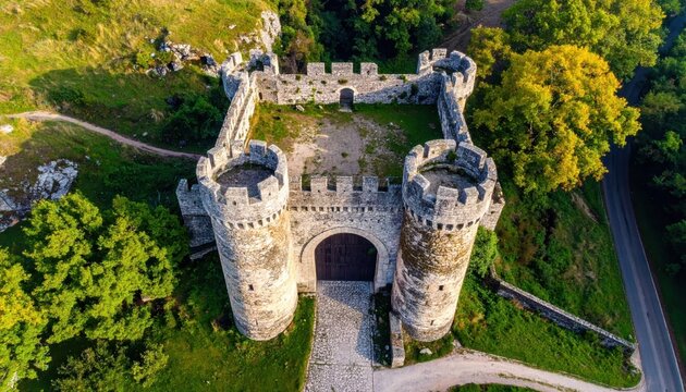 Aerial View of a Majestic Medieval Castle Gatehouse with Towers.