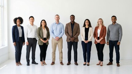 Obraz premium Diverse group of professionals in business attire posing together for a team photo in a bright, modern office setting.
