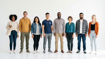 Obraz premium A diverse group of adults standing together in a bright studio, showcasing a mix of styles and expressions.