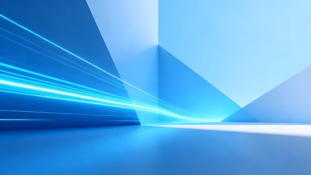 Abstract blue geometric space with light beams