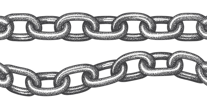 Two silver chains on isolated white background with metallic texture