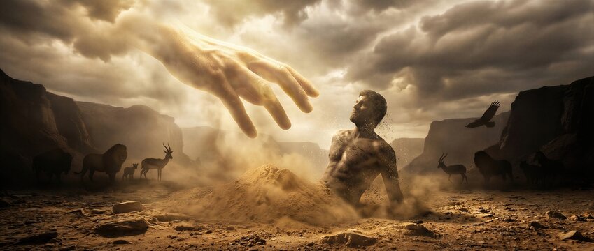 God hand creating man from dust in the desert. Biblical scene from Genesis depicting the 6th day of creation. Divine miracle of life and humanity origin. Ancient spiritual religious art. Banner with