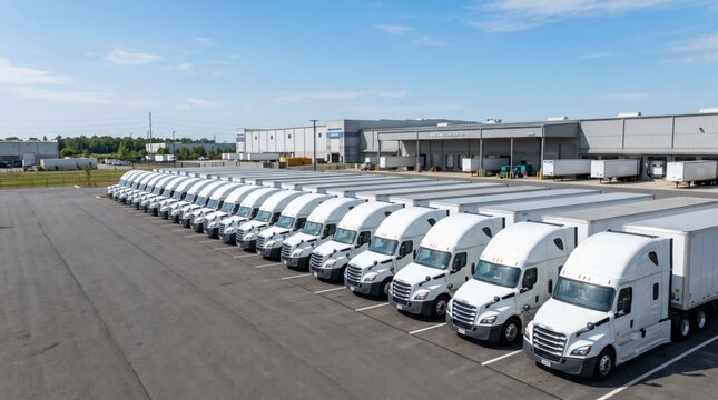 A fleet of white semi-trucks lined up neatly in a commercial loading area under a clear blue sky.