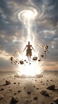 Man floating in air during divine creation event. Biblical scene of Adam appearing from dust and rock in desert landscape. Religious concept of miracle and origin of humanity in Genesis.