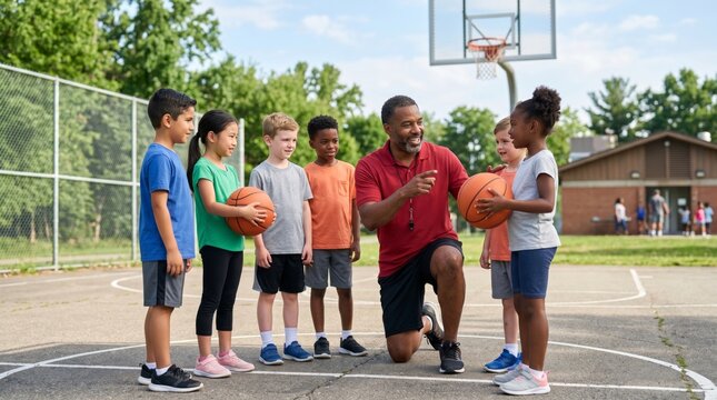 A Black male coach instructs a diverse group of children on a basketball court, fostering teamwork and skills development.