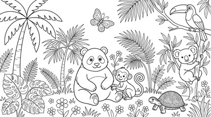 Obraz premium Jungle animal line art illustration with panda, monkey, koala, toucan, turtle, butterfly, tropical plants, coloring design, vector artwork