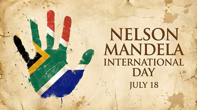Nelson mandela international day 18th july poster with handprint flag grunge