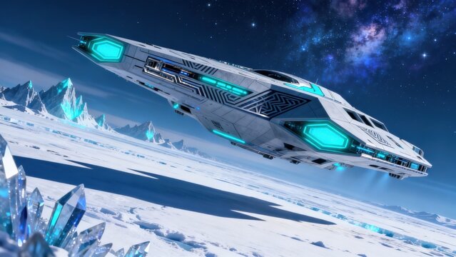 Spaceship in icy alien landscape