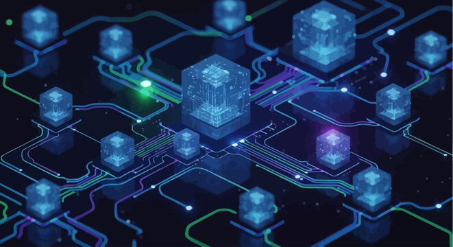 Isometric digital technology network with glowing cubes representing data processing and cloud computing infrastructure on dark circuit background