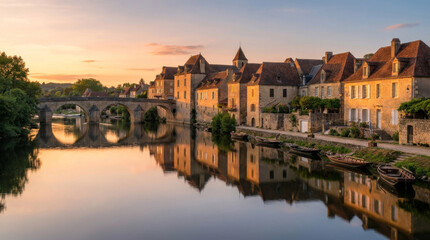 Obraz premium Charming historic village reflected in serene river during sunset, showcasing beautiful architecture and tranquil atmosphere.