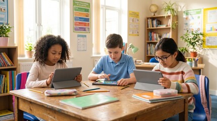 Fototapeta premium Three children engaged in digital learning in a bright classroom, showcasing collaboration and concentration.