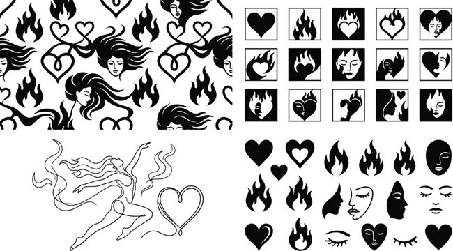 Black and white passion motif illustration set with faces, hearts, flames, icons, abstract design, and vector artwork