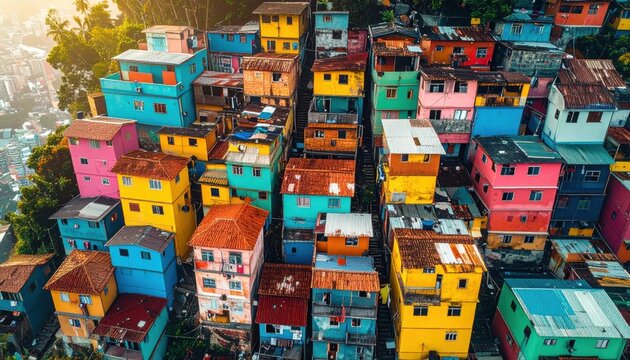 Colorful hillside houses in a favela, urban landscape.