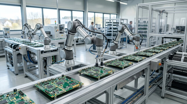 Robotic arms assembling circuit boards in a modern manufacturing facility, showcasing advanced automation and technology.
