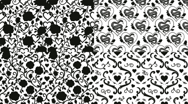 Ornamental black and white pattern illustration set with floral vines, heart motifs, scrollwork symmetry, decorative design, vector artwork