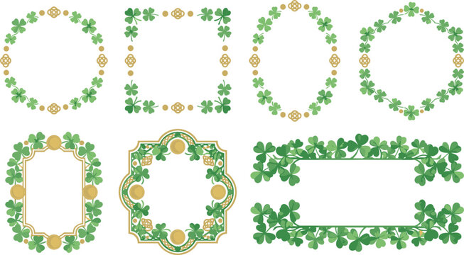 Shamrock decorative frame illustration set with circular, square, oval, hexagonal, rectangular borders, festive design, vector artwork