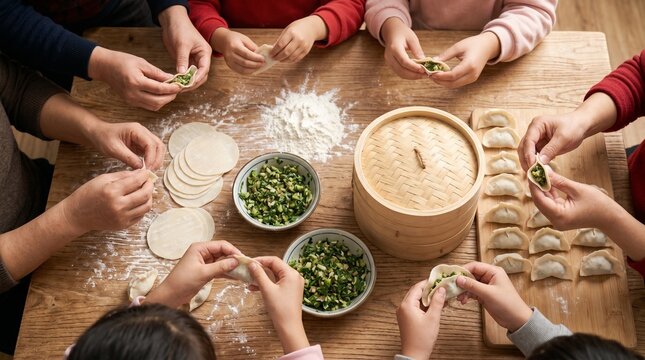 Family dumpling wrapping process, Rural Chinese traditional cooking, Hands making vegetable dumplings, Overhead kitchen table, Warm culinary heritage
