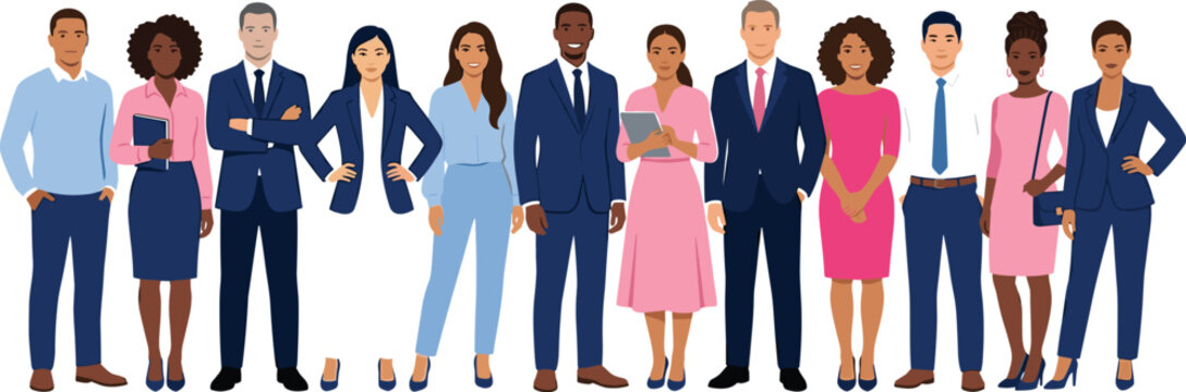 Vector illustration of diverse business professionals in formal attire with folders and bags representing corporate teamwork
