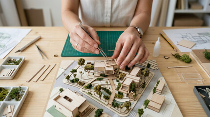 Fototapeta premium Female architect meticulously crafting a wooden model of a residential community, showcasing her creativity and attention to detail.