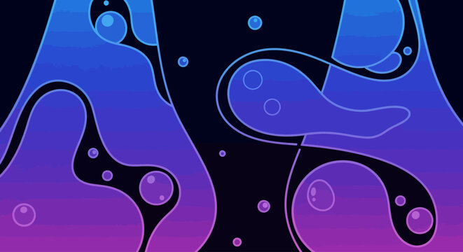 Abstract Liquid Lava Lamp Fluid Motion Background with Vibrant Blue and Purple Gradient Curves and Floating Bubbles