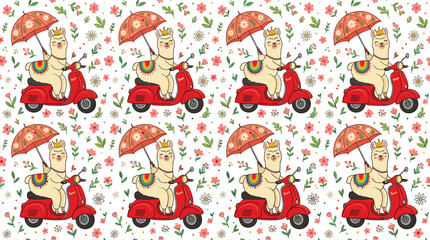 Vector illustration of repeating pattern with cartoon llama riding scooter, crown, umbrella, flowers, and leaves © Sheikh