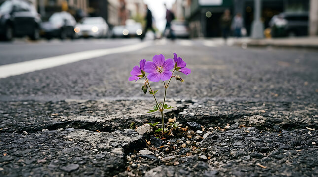 Purple Wildflower Growing Through Cracked City Asphalt with Urban Street Background