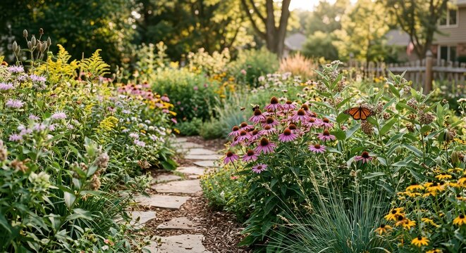 A vibrant garden path bordered by blooming flowers and lush greenery under warm sunlight, with a butterfly perched on purple coneflowers.