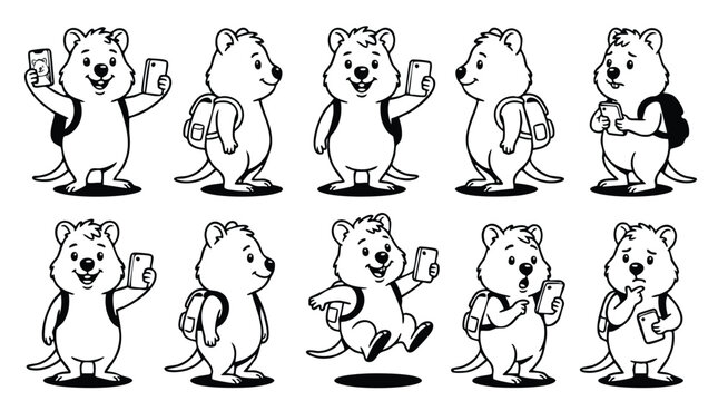 Cartoon Quokka Character Set with Smartphones and Backpacks
