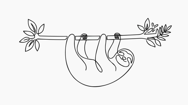 One Line Sloth Illustration: A minimalist line drawing of a sloth hanging upside down from a tree branch, symbolizing relaxation and a slower pace of life.