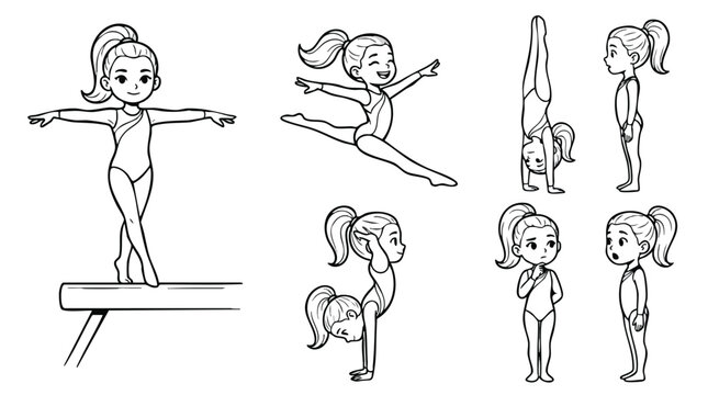 Cute Girl Gymnast Coloring Page Character Sheet Vector