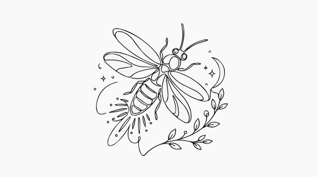 Firefly illustration with celestial elements: A whimsical line art illustration of a firefly glowing amidst crescent moon and twinkling stars, surrounded by delicate branches.