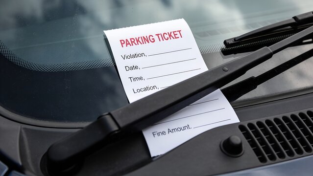 Official white parking ticket paper notice tucked under the black windshield wiper of a parked car waiting for the driver to return on a cloudy day