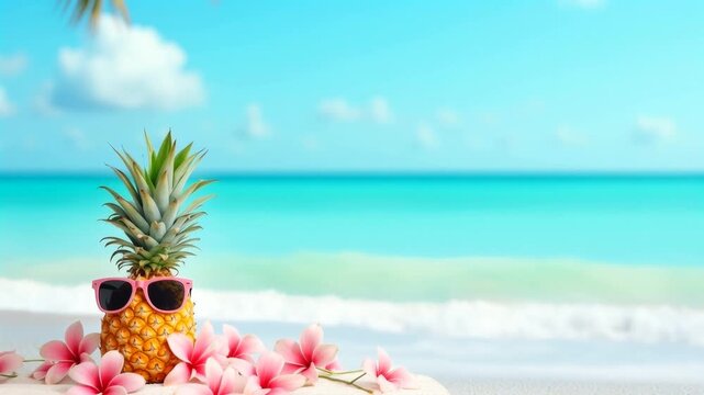 Pineapple wearing pink sunglasses surrounded by pink flowers on sandy beach with turquoise ocean and blue sky in the background, tropical summer vibe
