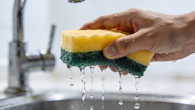 Human hand holding a bright yellow and green abrasive kitchen sponge under running water from a chrome faucet for washing dishes in a clean home kitchen