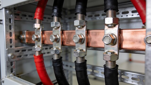 Close up view of heavy duty electrical copper busbars secured with metal bolts and thick insulated power cables inside a modern industrial electrical control power cabinet