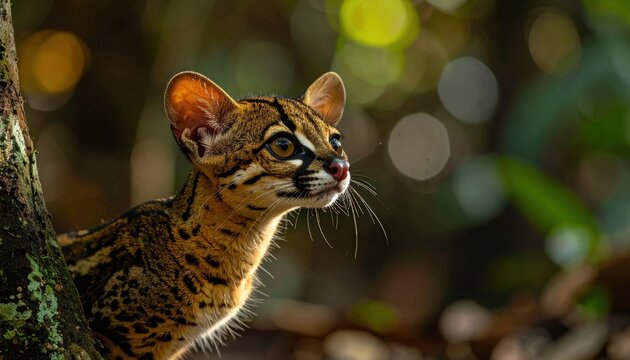 A beautiful oncilla cat with striking markings perched on a tree branch in a lush forest.